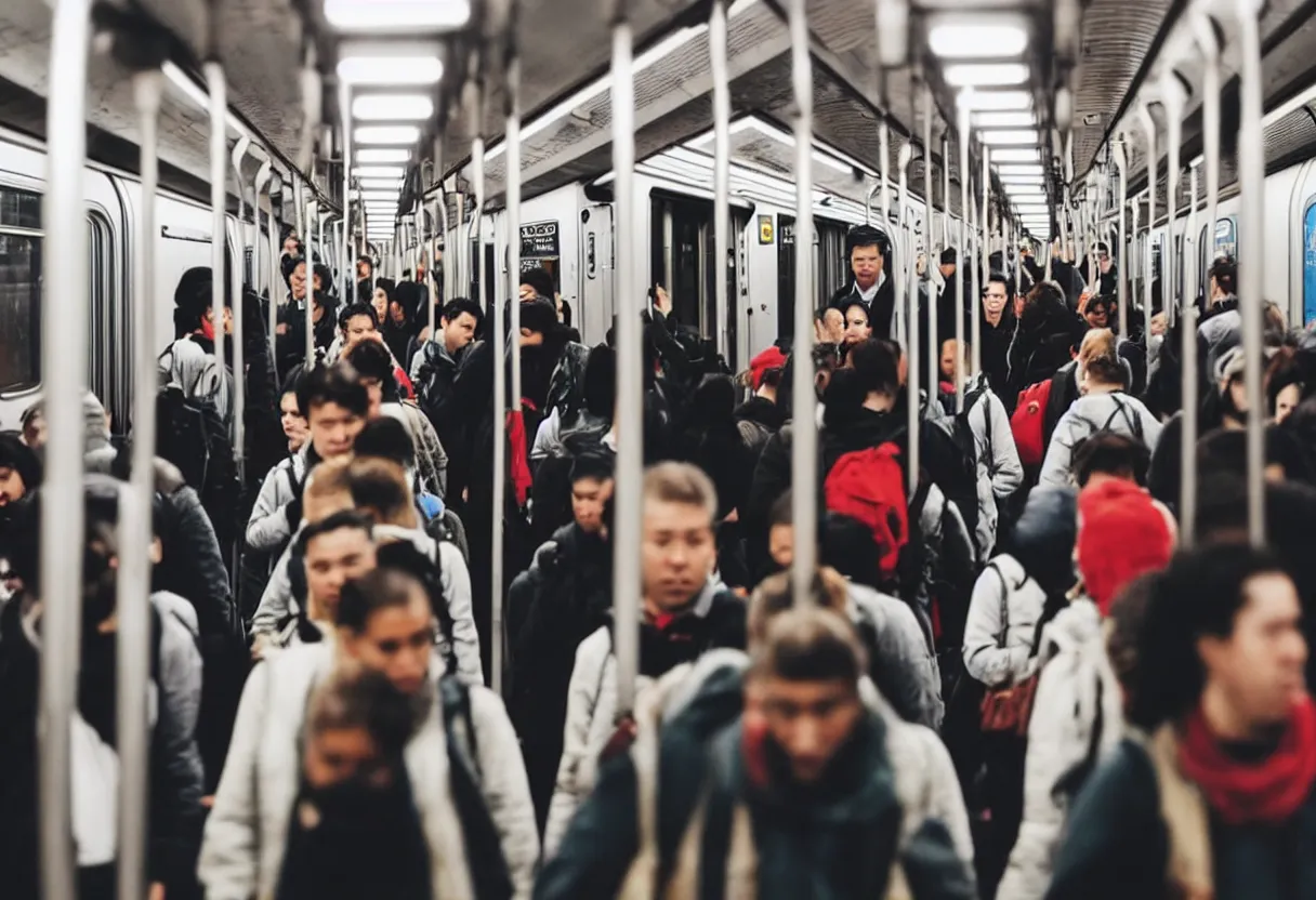 Prompt: a photo of people going to work on the subway,