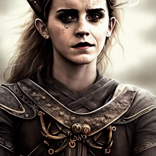 Prompt: Official photo of Emma Watson as a majestic fierce viking woman, leader, fear, scarred, highly detailed, viking attire, cinematic, 8k, 1080s, by Stanley Artgermm, Tom Bagshaw, Greg Rutkowski, Vincent di Fate, Carne Griffiths, Ayami Kojima, trending on DeviantArt, hyper detailed, full of color, digital art,