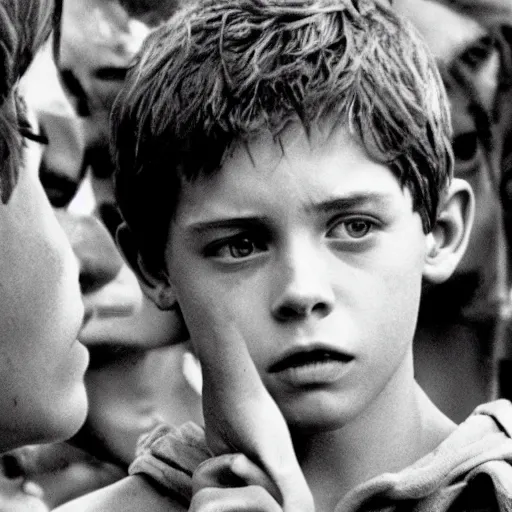 Image similar to logan lerman plays ralph in lord of the flies ( 1 9 6 3 ), 3 5 mm black and white, highly detailed, cinematic lighting