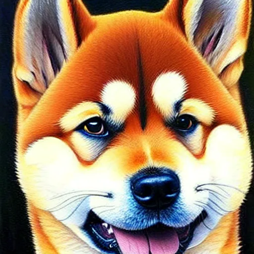 Image similar to epic professional oil painting of a shiba inu dog, epic, stunning, gorgeous, intricate detail, much wow, 4K, masterpiece