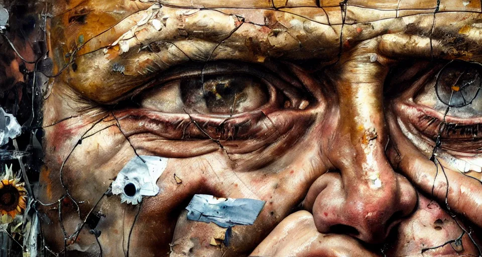Prompt: an extreme close up portrait a very ordinary middle-aged man with a sad expression, front angle, by Anselm Kiefer and Lucian Freud and Jenny Saville, oil painting, rust, Scaffolding, rusted metal and sunflowers, iron cladding, decay, mixed media, textured, anatomically correct, beautiful perfect face, visible brushstrokes, sharp focus, Highly Detailed, Cinematic Lighting, 8k, HD