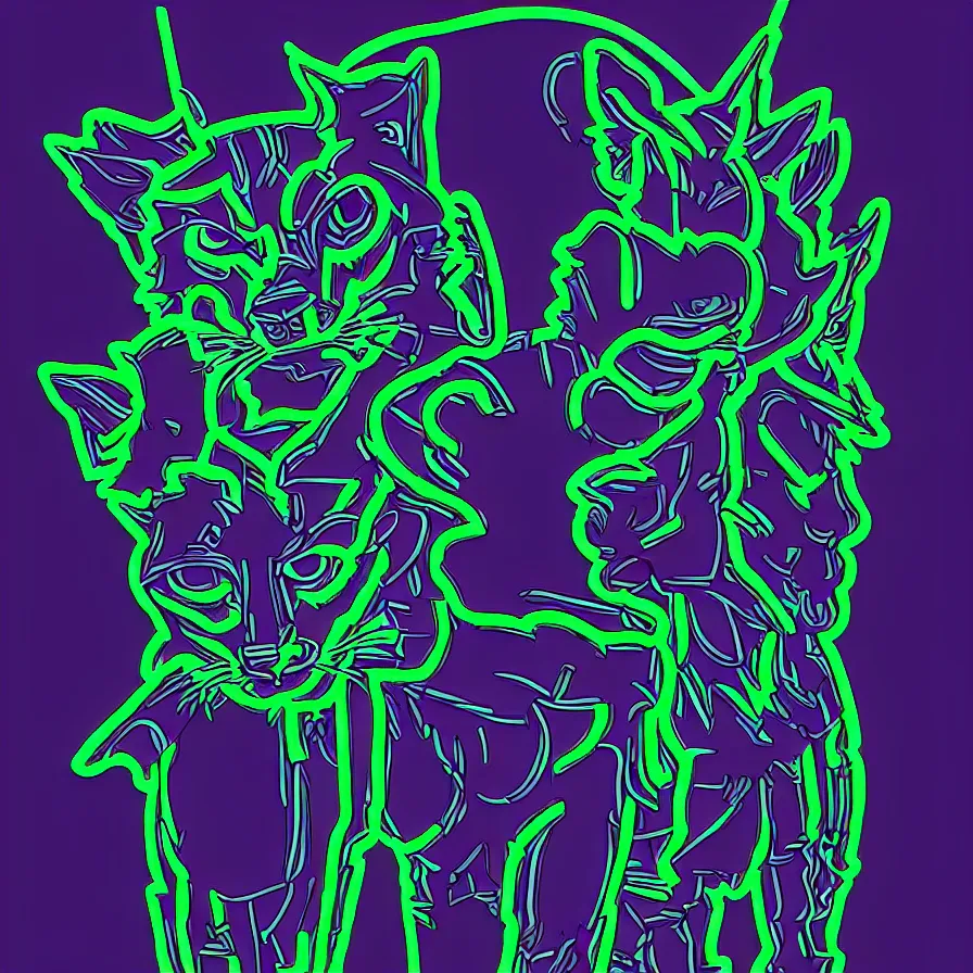 Image similar to a slightly minimalist very detailed fullbody portrait antropomorphic humanoid android with a head of a lynx. lowbrow blacklight color palette. artwork by subjekt zero. black background.