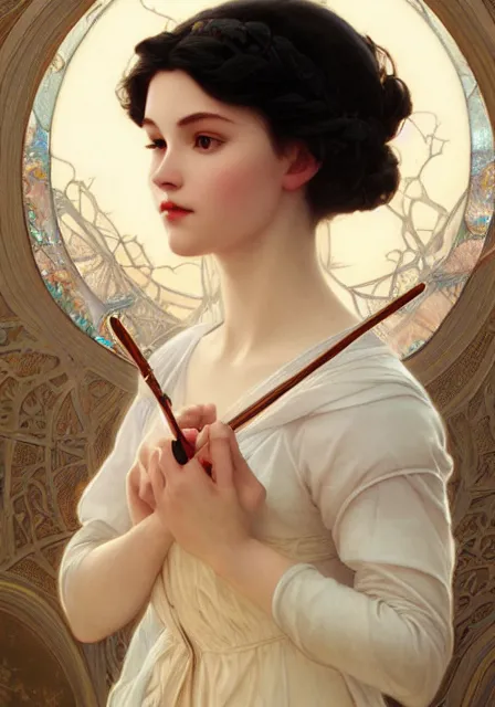 Image similar to little snow white, intricate, elegant, highly detailed, digital painting, artstation, concept art, smooth, sharp focus, illustration, art by artgerm and greg rutkowski and alphonse mucha and william - adolphe bouguereau