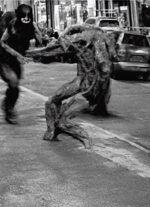 Image similar to disturbing security cam footage of a human monster walking on the street horror practical fx by david cronenberg