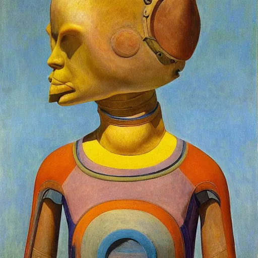 Image similar to the robot child wearing her bird mask, by annie swynnerton and diego rivera and elihu vedder and lucien freud, symbolist, dramatic lighting, elaborate geometric ornament, head and shoulders view, art brut, soft cool colors, smooth, sharp focus, extremely detailed, adolf wolfli, leo and diane dillon, nicholas roerich