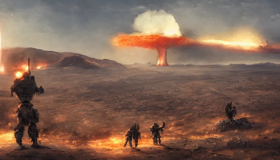 Image similar to troops on sand hill looking at nuclear explosion on las vegas, ruins, nuclear cloud, hyperdetailed, artstation, cgsociety, 8 k