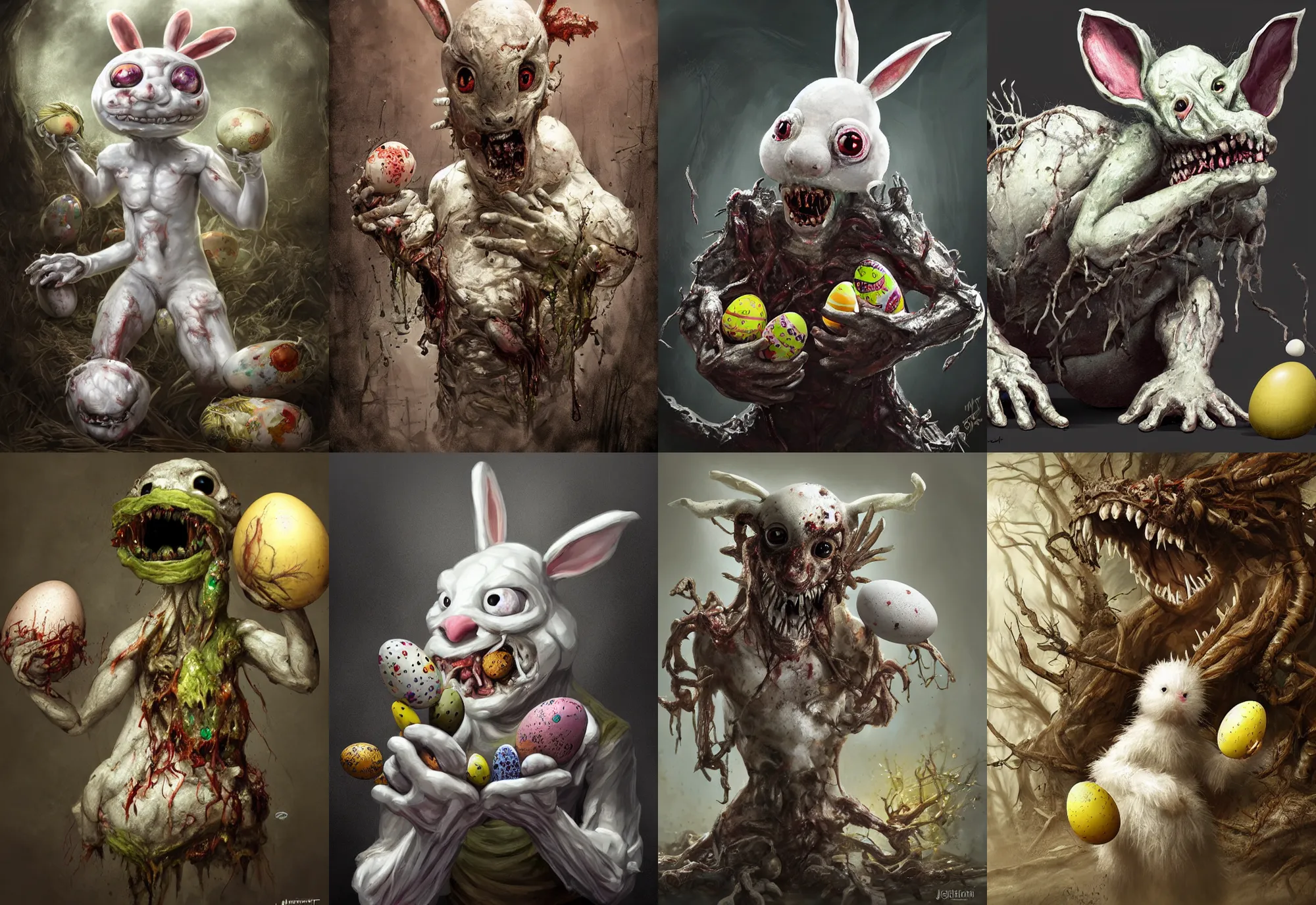 Prompt: a nightmarish slimy monster white easter bunny, with black eyes, rotting flesh, exposed bone, holding easter eggs, by jerad marantz, concept art, dramatic lighting, highly detailed digital painting