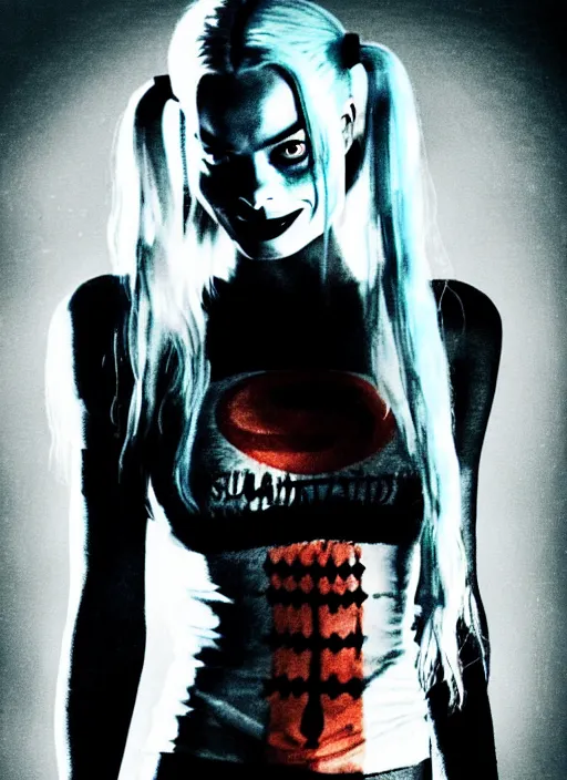 Prompt: 5 0 mm photo of beautiful suicide squad happy margot robbie with long white hair that looks like harley quinn standing on the wet street of dystopian gotham city at night, angry frown, glamour pose, watercolor, frank miller, moebius, jim lee, cinematic, ridley scott, lens flare, dramatic lighting, annie leibowitz