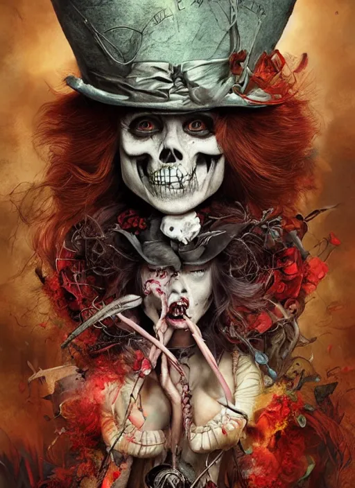 Prompt: Alice in Wonderland Mad Hatter Death Tarot card,highly detailed,half skull face,cinematic,8k,by Stanley Artgermm,Tom Bagshaw,Greg Rutkowski,Carne Griffiths, Ayami Kojima, Beksinski, Giger,Anne Stokes, Benjamin Lacombe,trending on DeviantArt,hyper detailed,horror, full of colour