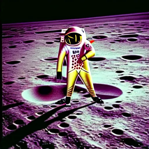 Image similar to usain bolt racing on the moon, lunar lander in background, kodachrome film