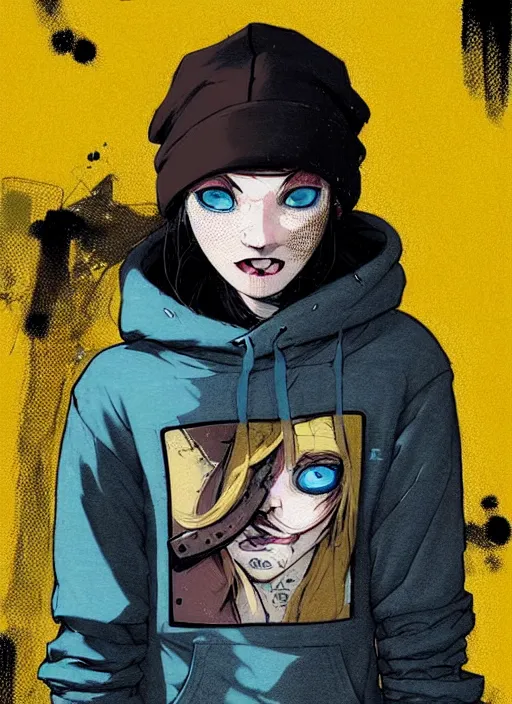 Prompt: highly detailed portrait of a sewer punk lady student, blue eyes, plaid hoody, hat, white hair by atey ghailan, by greg rutkowski, by greg tocchini, by james gilleard, by joe fenton, by kaethe butcher, gradient yellow, black, brown and cyan color scheme, grunge aesthetic!!! ( ( graffiti tag wall background ) )
