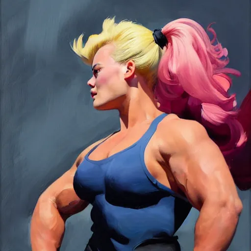 Image similar to greg manchess portrait of margot robbie as thick very muscular weightlifter zarya from overwatch with ponytail and curly pink hair, eyes closed, medium shot, asymmetrical, profile picture, organic painting, sunny day, matte painting, bold shapes, hard edges, street art, trending on artstation, by huang guangjian and gil elvgren and sachin teng