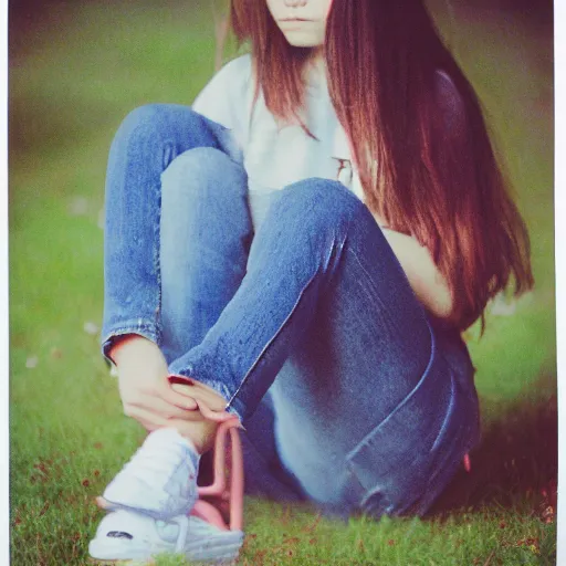 Prompt: a potrait of a girl who sitdown infront of a big school, blueish, kodak 4 0 0, photorealistic style, 8 k