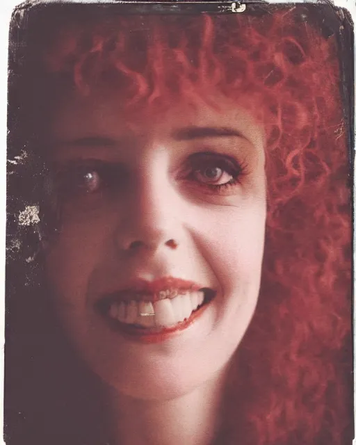 Image similar to an instant photo of a beautiful but sinister, smiling woman in layers of fear, with haunted eyes and curly hair, 1 9 7 0 s, seventies, delicate embellishments, a little blood, crimson, painterly, offset printing technique, mary jane ansell