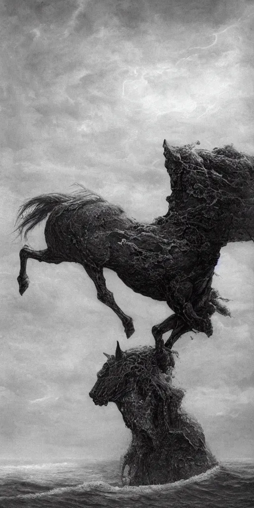 Image similar to a demon horse falls off a cliff and into the ocean, beksinski, dariusz zawadzki, surreal, ethereal