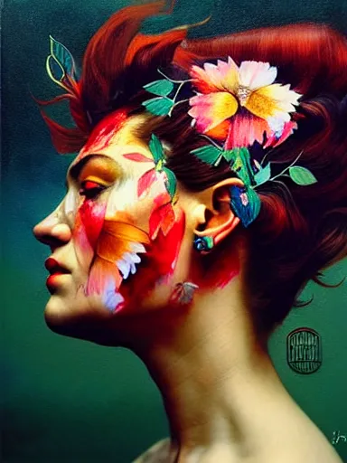 Image similar to double exposure, portrait of florence jones with a floral background : : painted by artgerm, karol bak, artur bordalo, sandra chevrier : : portrait, character, illustration, hyperrealism, photorealism