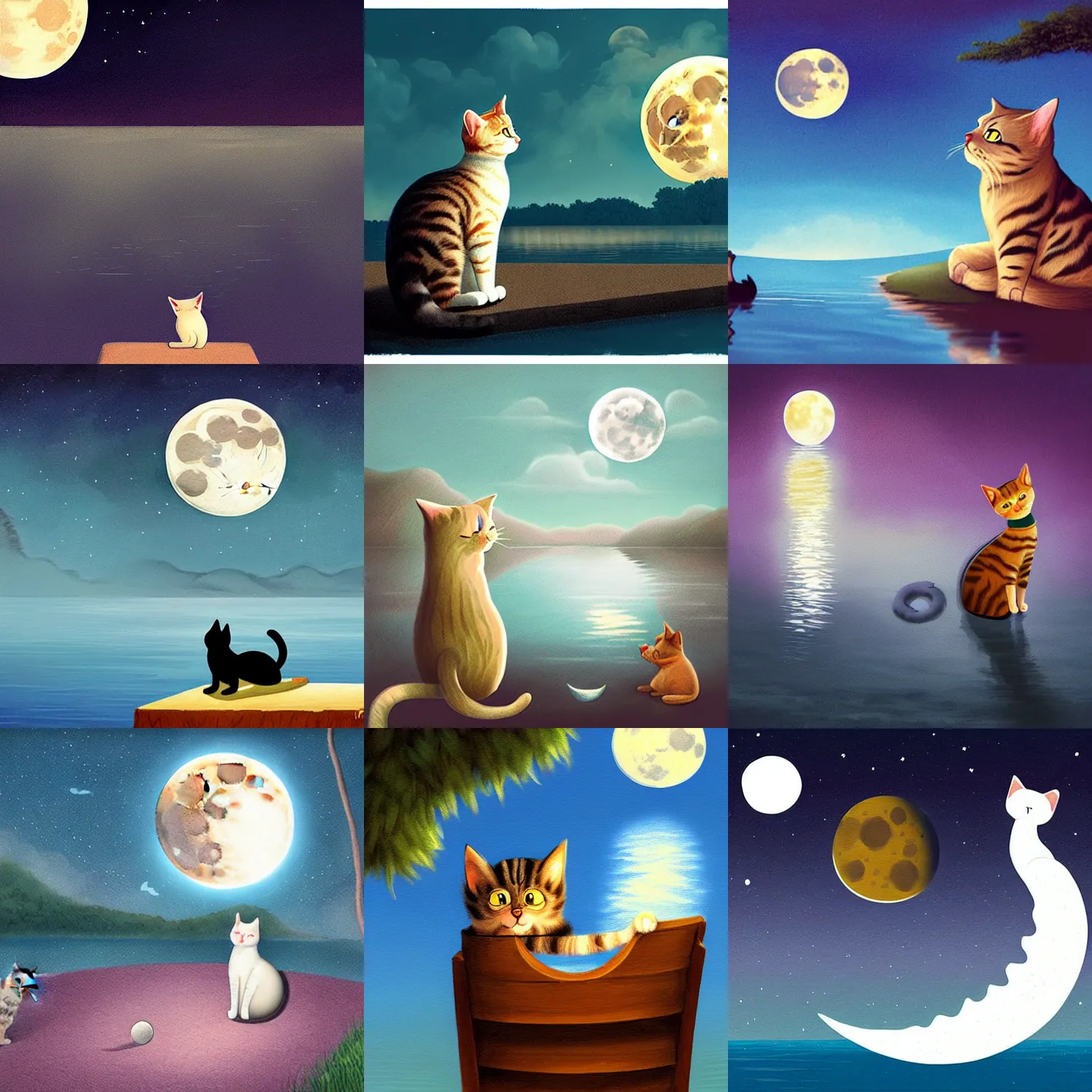 Prompt: cat looking up to the moon next to a lake, concept art, illustration, children book art by Ivan Gantschev