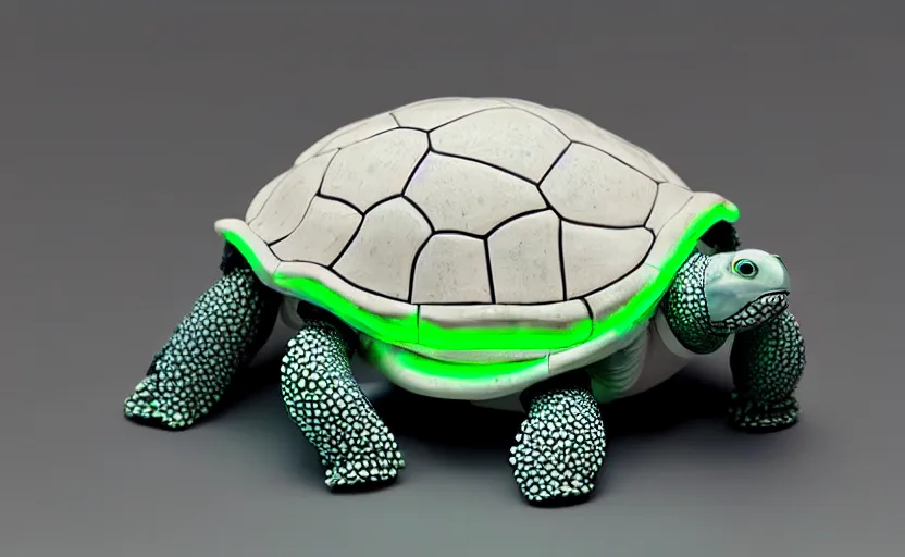 Image similar to artificial Intelligence turtle with its shell made out of modular-synth dials and knobs with a small AMOLED display, LED light accents, sleek design by apple, triple white colorway, modular-synth, VST, 4k, 33mm, high quality photo,