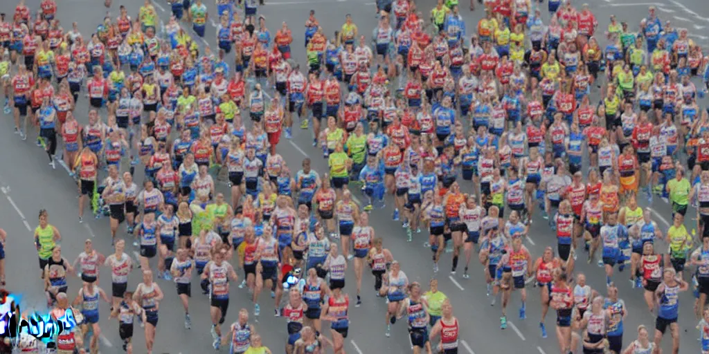 Image similar to photograph of long row of marathon runners, start line, advertising campaign, muted colours, studio backdrop, diverse people
