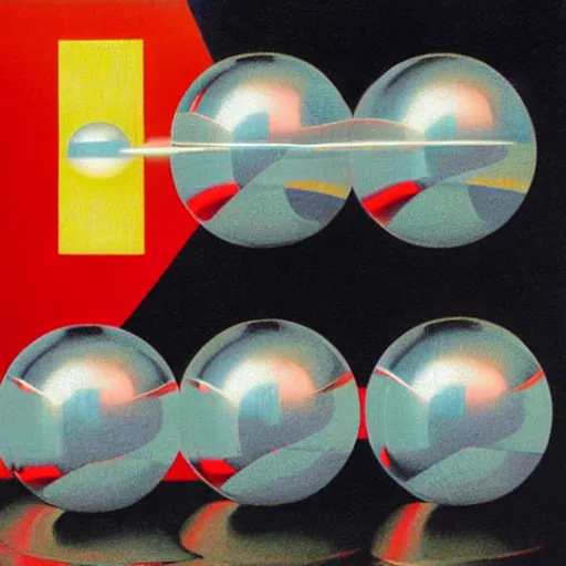 Prompt: chrome spheres on a red cube by ed emshwiller