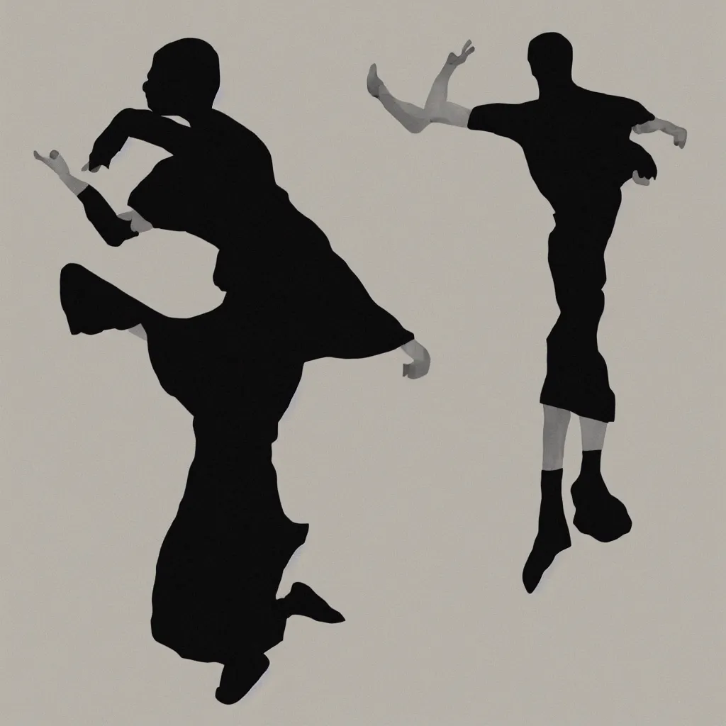 Image similar to a photorealistic illustration of a man dancing in a black Issey Miyake dress