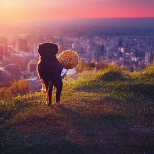 Prompt: A puppy carrying fruit in a backpack, on the top of a hill, looking at the city in the distance, during a sunset, hyper-realistic