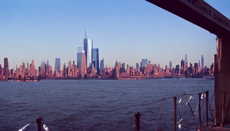 Image similar to highly detailed cinematic, hudson river in the background, twin towers, new york skyline, cinestill 8 0 0 t 3 5 mm 1 9 8 9, technicolor,, high quality, high detail, warm light, 8 k, realistic, hd