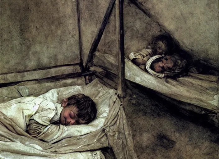 Prompt: poor child sleeping in a dirty makeshift hospital, painting by andrew wyeth and alan lee, very detailed, somber mood, realistic sad faces