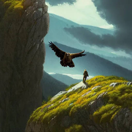 Image similar to golden eagle flying in avila mountains. green. granite. clouds. summer. batscoming out from the entrance. 4 k, concept art, by wlop, ilya kuvshinov, artgerm, krenz cushart, greg rutkowski, pixiv. cinematic dramatic atmosphere, sharp focus, volumetric lighting, cinematic lighting, studio quality