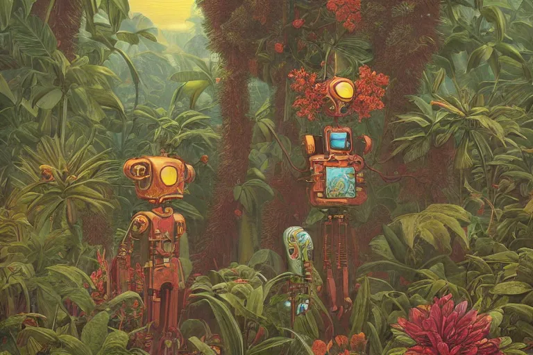 Image similar to evangelionic illustration, gigantic pleasure man head, a lot of exotic vegetation, trees, tremendous pleasure robot, flowers, oldschool vintage sci - fi flat surreal design, super - detailed, oil painting by moebius, hd, 4 k, high quality