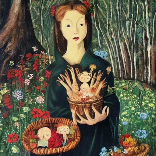 Image similar to In the painting Vasilisa can be seen standing in the forest, surrounded by animals. She is holding a basket of flowers in one hand and a spindle in the other. Her face is turned towards the viewer, with a gentle expression. In the background, the forest is depicted as a dark and mysterious place. by Go Nagai, by Michael Cheval realist, imposing