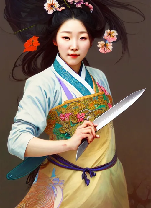 Image similar to character concept of a south korean female chef, wearing a beautiful hanbok inspired apron, holding magical kitchen knives, beautiful rivers of energy flowing in background, by peter mohrbacher and alphonse mucha and loish, 4 k, high resolution, intricate, hyperdetailed, photorealistic, artstation, smooth, sharp focus