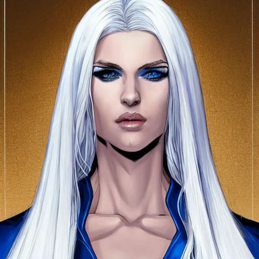 Image similar to Portrait of a tall blonde blue-eyed elf woman with white hair, wearing stylish white and gold clothes, intricate, elegant, highly detailed, smooth, sharp focus, detailed face, high contrast, dramatic lighting, graphic novel, art by Ardian Syaf and Pepe Larraz,