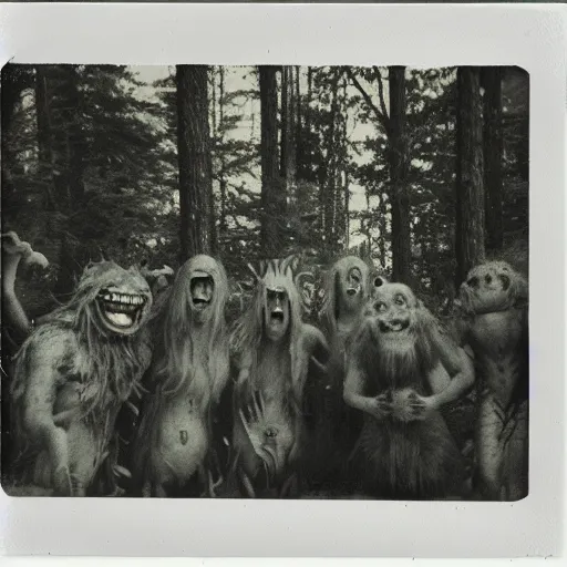 Prompt: a polaroid image of monsters gathering in the forest, grainy