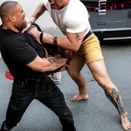 Prompt: johnny from is it cake getting beat up by the rock