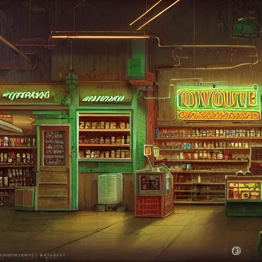 Prompt: concept art of a wooden decorated liquor store on the coast, a very misty day, industrial surrounding, painted pale yellow and green, old tv and radio hardware, a neon sign, by ian mcque ferdinand knab, makoto shinkai and, artgerm, pixar, ilya kuvshinov,, tom bagshaw, global illumination