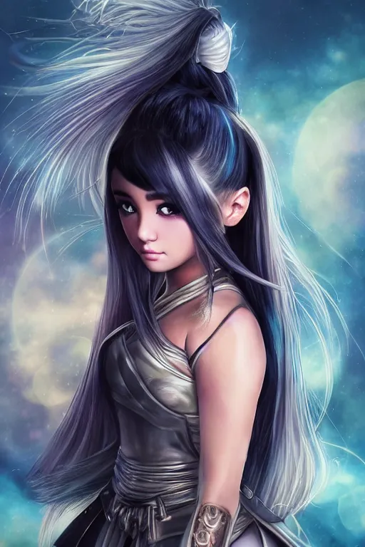 Image similar to highly detailed beautiful photo of blend of ariana grande and madison beer, as a young female samurai, practising sword stances, symmetrical face, beautiful eyes, cobalt blue hair, realistic anime art style, 8 k, award winning photo, pastels colours, action photography, 1 / 1 2 5 shutter speed, sunrise lighting