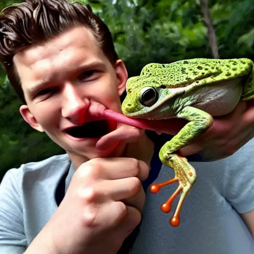 Image similar to Tom Holland with a frog in his mouth