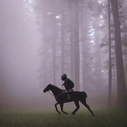 Prompt: a award winning photo of a horseman spirit running in a forest, volumetric light effect