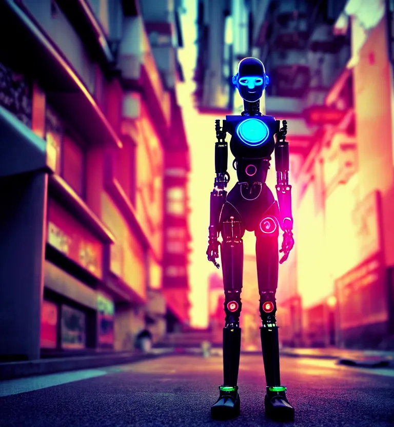 Image similar to a photo close up cyberpunk half robot half girl stands in a cyberpunk hiroshima, prefecture streets, sunset, photorealistic, cinematic lighting, very detailed, style by tomino - sama