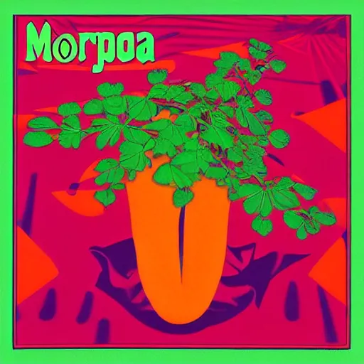 Prompt: moringa juice, 6 0's jazz fusion, album cover, casiopea, orange color, green, moringa leaves juice