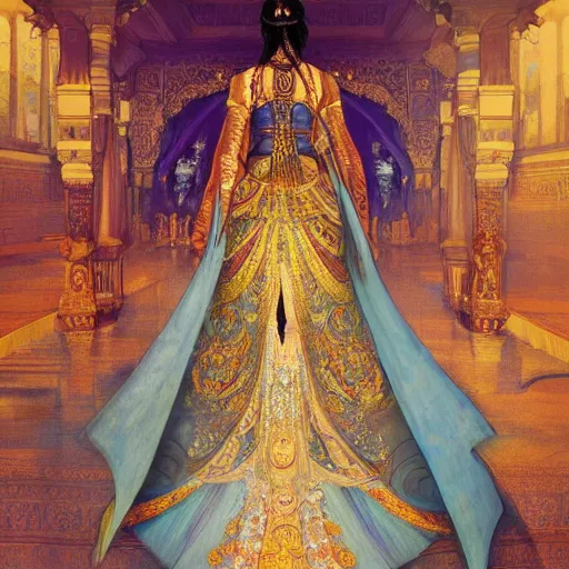 Image similar to An Indian princess with a very long ornate blue dress stands along in a very tall cavernous throne room filled with light. masterpiece 4k digital illustration by Ruan Jia and Mandy Jurgens and Artgerm and greg rutkowski, award winning, Artstation, Alphonse Mucha background, intricate details, realistic, panoramic view, Hyperdetailed, 8k resolution