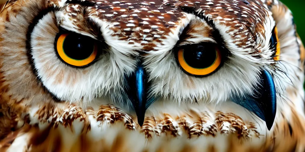 Image similar to scenic photo of an owl catching ancarrot focus on the owl's beak and eye. intricate eye. extremely large spread wings. extreme detail, hyperrealistic photo