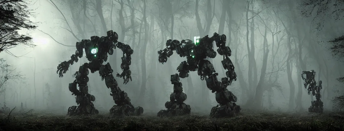 Image similar to image of deep forest, where terrific and creepy gigantic 8 - leg mechwarriors robots with volumetric lights, running and hunting remaining hiding humans, post - apocalyptic style, high detail, dramatic moment, motion blur, ground fog, dark atmosphere, saturated colors, by james paick, render unreal engine - h 7 0 4