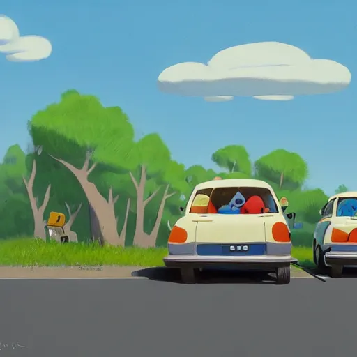 Image similar to goro fujita ilustration rear view of a car equipped with suitcases heading to the forest on a sunny day, painting by goro fujita, sharp focus, highly detailed, artstation