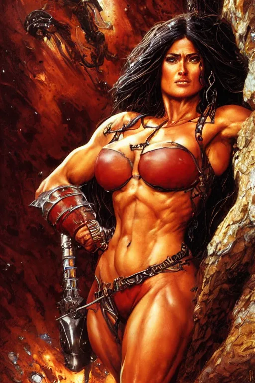 Image similar to muscular beautiful salma hayek wearing armor tombow artwork greg staples , dug stanat, norman rockwell , christophe young eytan zana , rumiko takahashi ,HD 4k