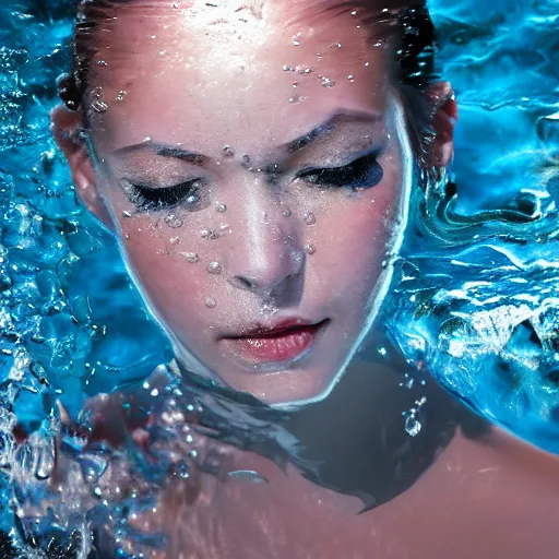 Image similar to water artwork manipulation in the shape of a beautiful female head, on the ocean water, ray tracing, realistic water sharp focus, long shot, 8 k resolution, cinematic, realistic water art