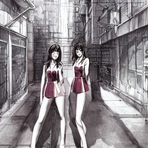 Image similar to a perfect, realistic professional digital sketch of close-up Japanese schoolgirls posing in a sci-fi alleyway, style of Marvel, full length, by pen and watercolor, by a professional American senior artist on ArtStation, a high-quality hollywood-style sketch, on high-quality paper