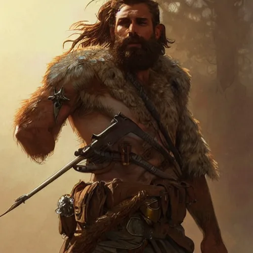 Image similar to portrait of a rugged ranger, upper body, hairy torso, D&D, fantasy, intricate, elegant, highly detailed, digital painting, artstation, concept art, matte, sharp focus, illustration, art by Artgerm and Greg Rutkowski and Alphonse Mucha