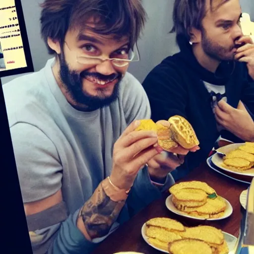 Image similar to pewdiepie and sergey mavrodi drinking and eating gold burgers together